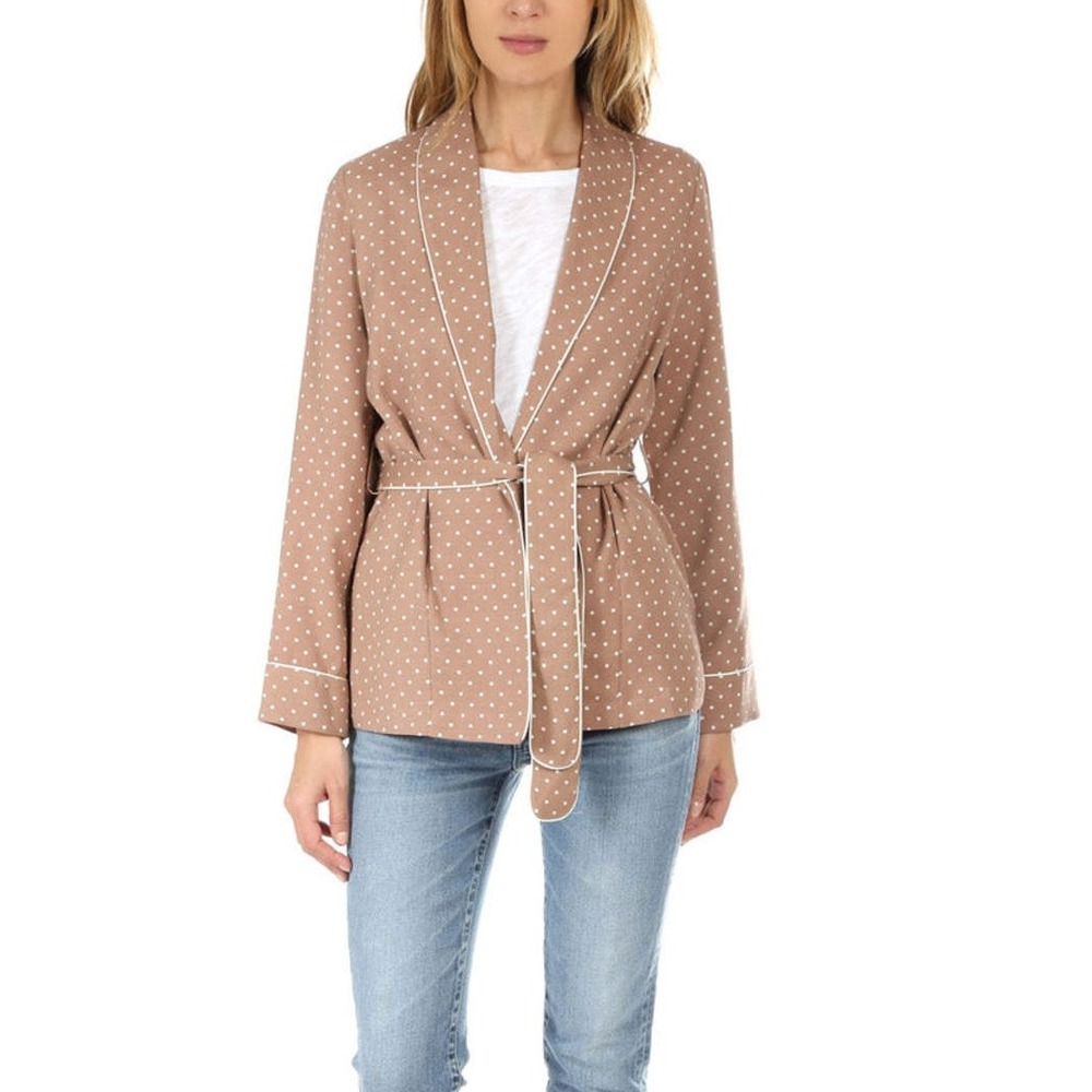Frame Smoking Jacket Womens Medium Brown White Polka Dot Belted Career Preppy